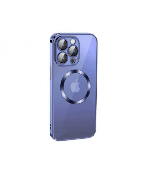 Husa iPhone 14 Plus, MagSafe Electro, Spate Transparent, Rama Albastra